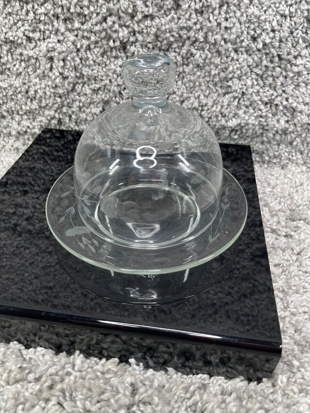 Princess House Etched Floral Clear Glass Butter Dish With Dome Cover Knob Handle